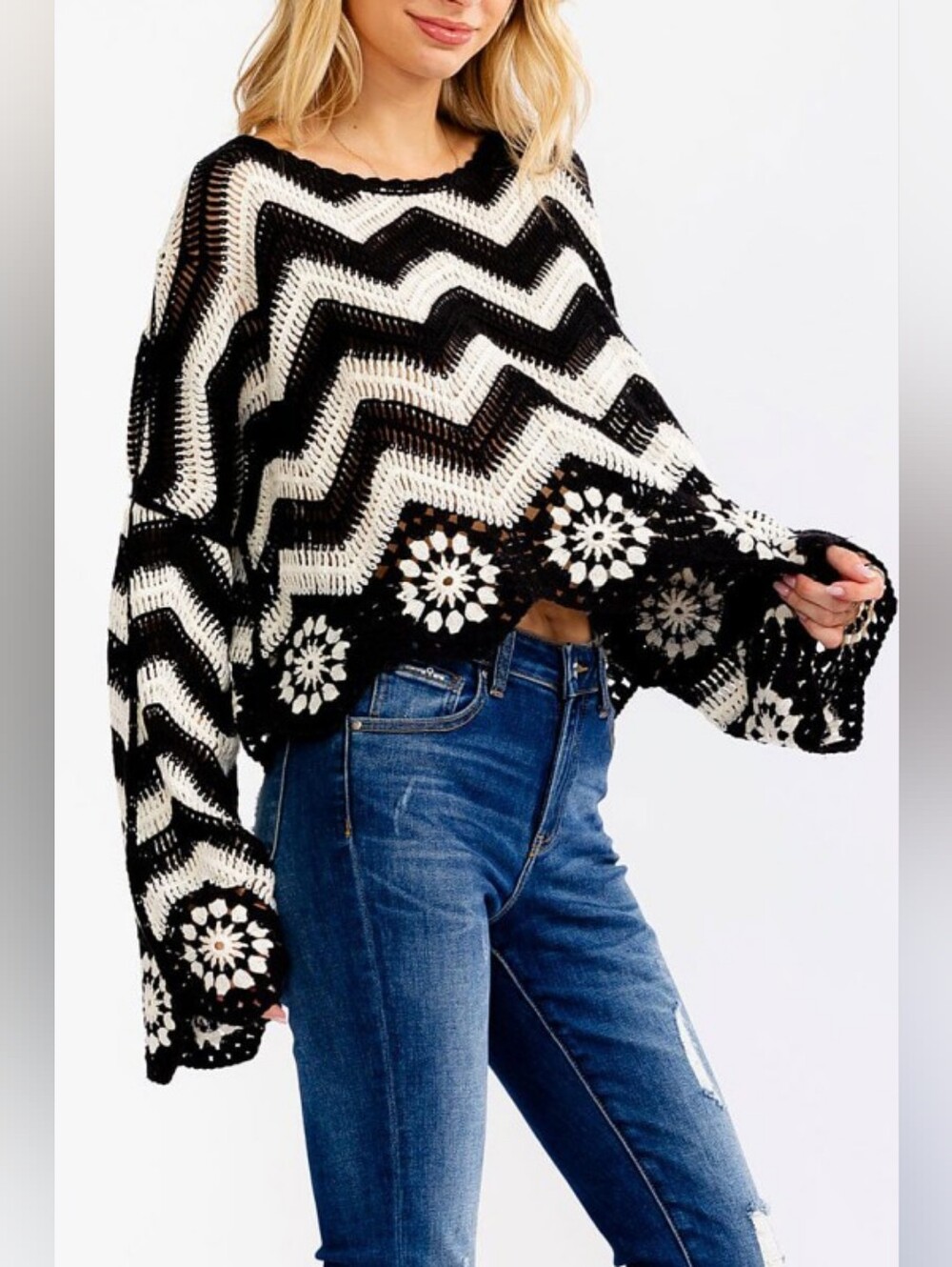 5-0605 Black & White Crochet Oversized Chevron Sweater With Bell Sleeves
